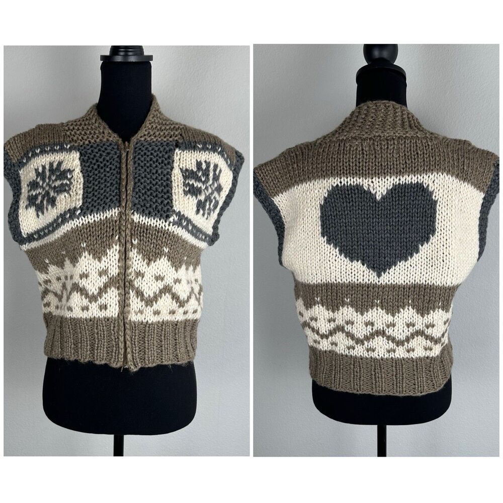 Vintage Knit Snowflake Heart Zipper Sweater Vest Chunky Nordic Winter Cottage